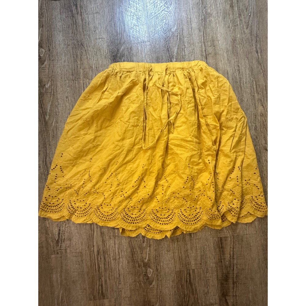 WeLove Fashion Yellow Eyelet Mini Skirt Cotton Boho Scalloped Hem Size L